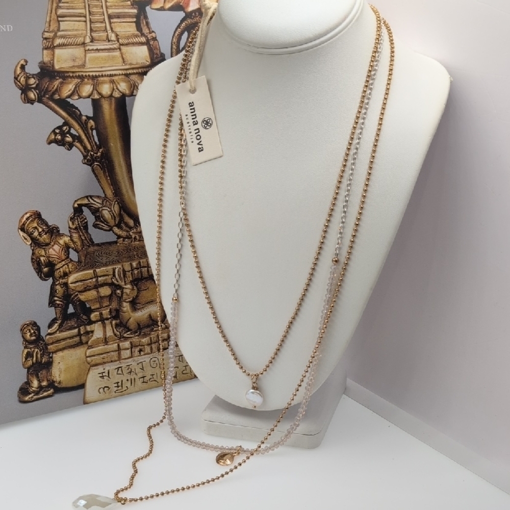 Brown and Gold Layered Necklace with Dainty Chains
